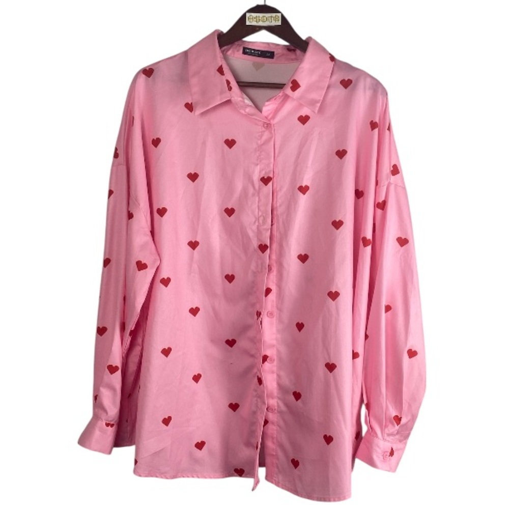 SHEIN Pink Shirt with Red Heart Pattern 3XL